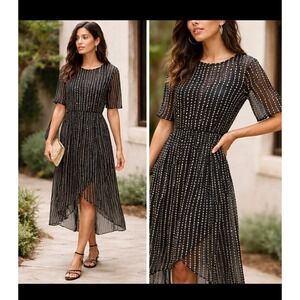 Lisa Bayne Black Mesh/Sheer Polka‎ Dot Print Midi Tulip Overlay Dress